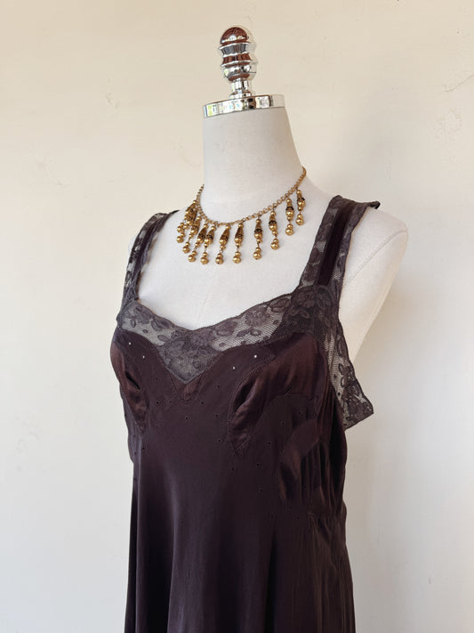 1930s Aubergine Silk Slip Dress w/ Wave Inserts + Circular Embroidery- S/M-M