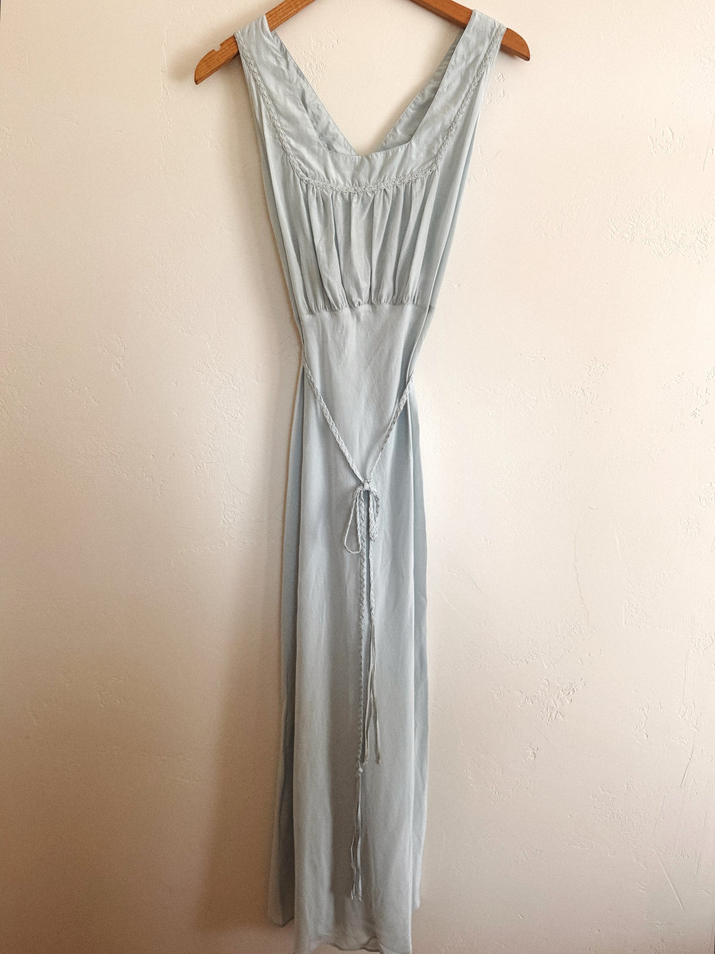 1940s Icy Blue Silk Crepe Slip w/ Braided Trim + Sash- S/M-M