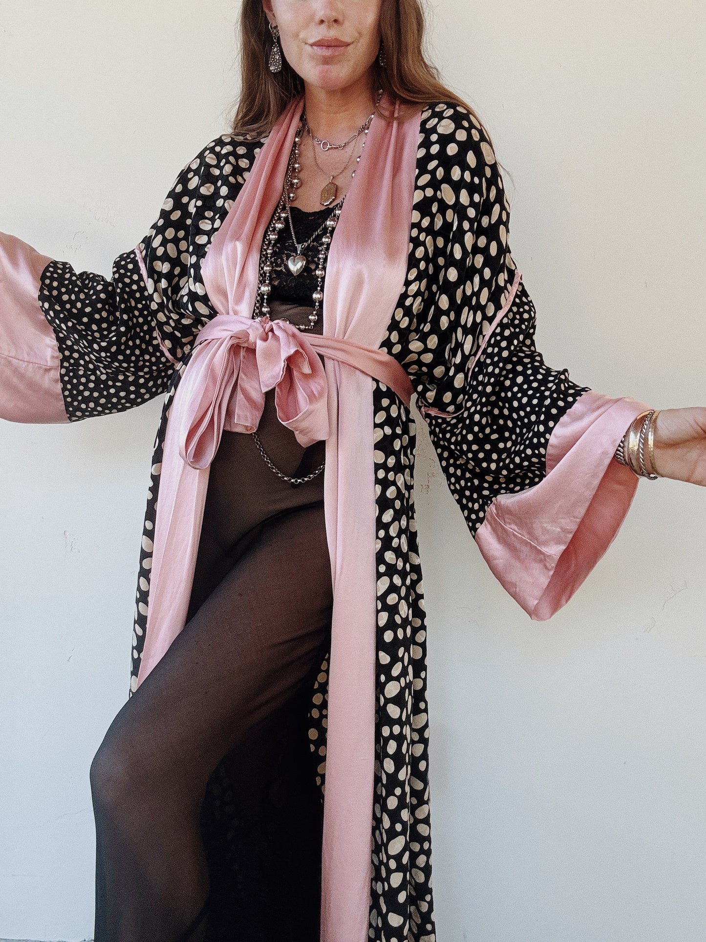 1970s/80s Guy Laroche Polka Dot Silk Duster Robe w/ Pink Charmeuse Trim