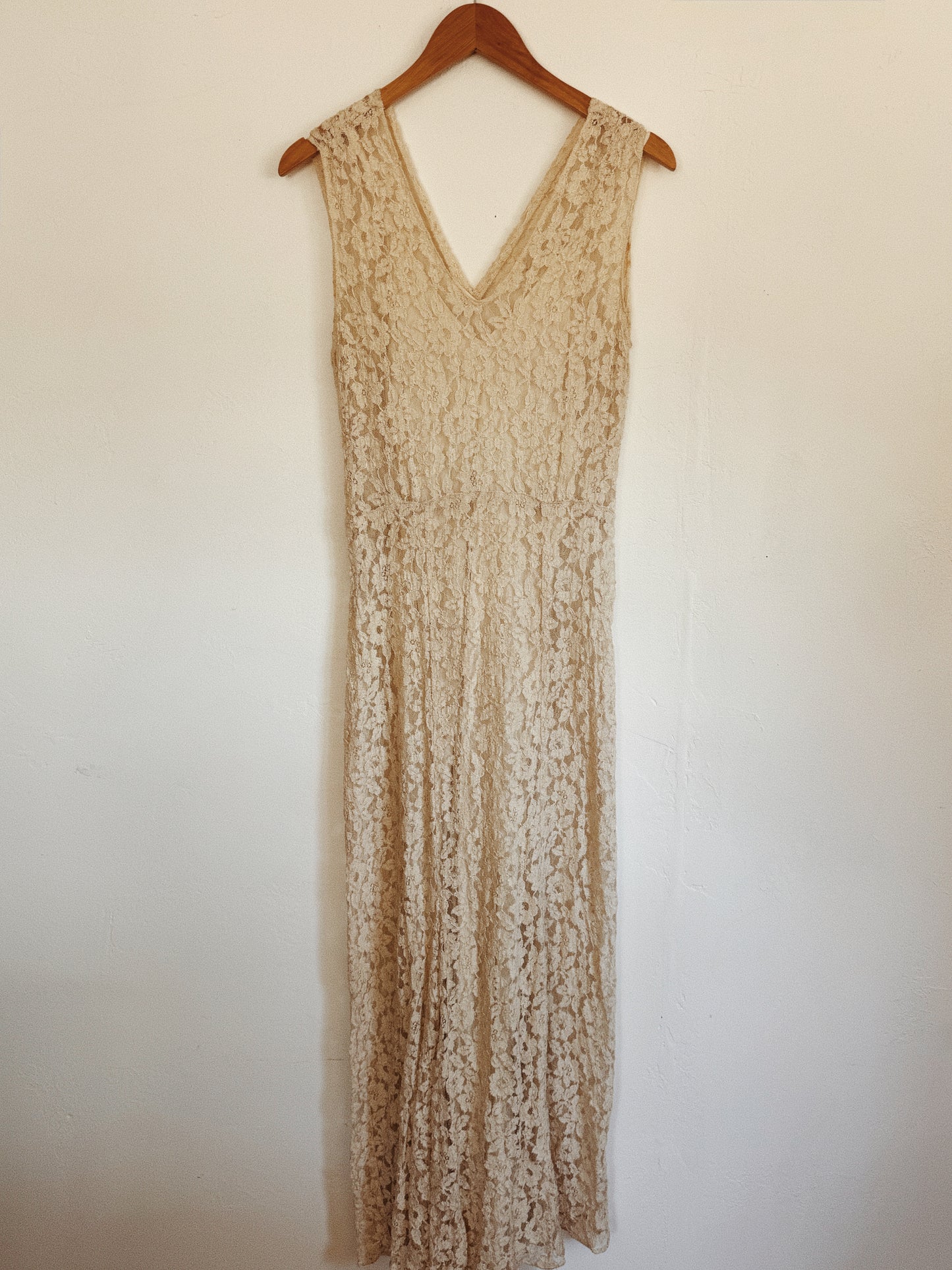 1930s Ivory Lace Gown w/ Rayon Under Slip- M