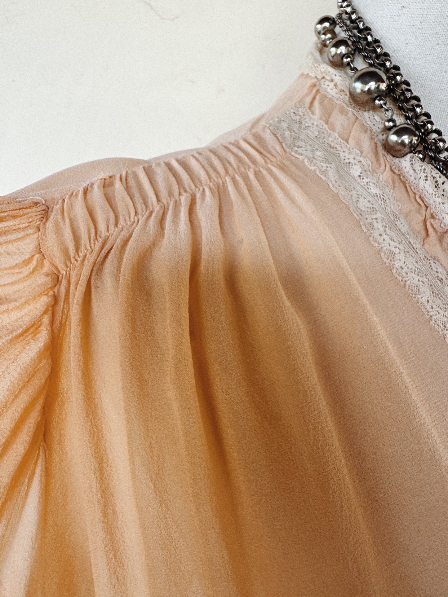 1930s Blossom Pink Silk Chiffon Bed Jacket w/ Lace Trim- S-M/L