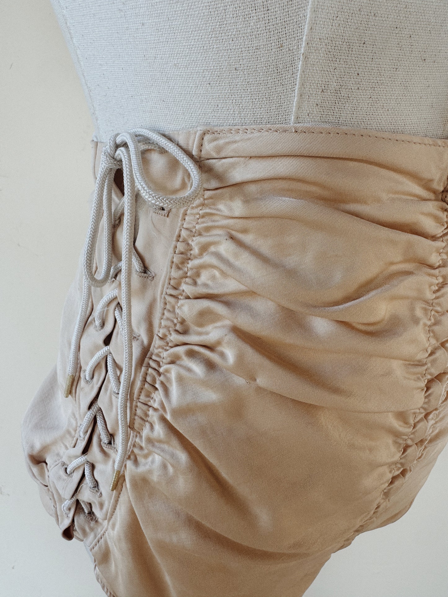 1942 Cole of California “Swoon Suit” Champagne Bombshell Ruched Lace Up Swimsuit- S/M-M