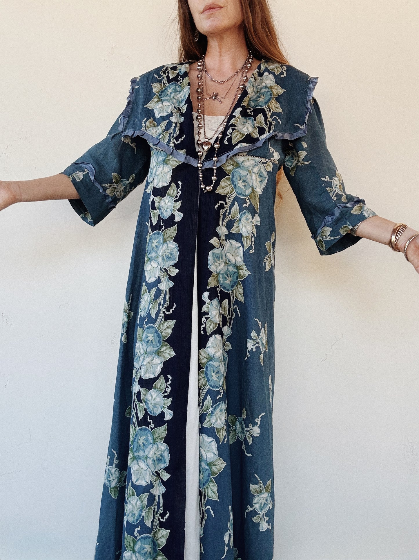 1910s Edwardian Blue Morning Glory Peignoir Duster- S/M-M
