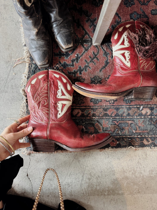 1940s Rare Cherry Red Butterfly Cowboy Boots- Reserved