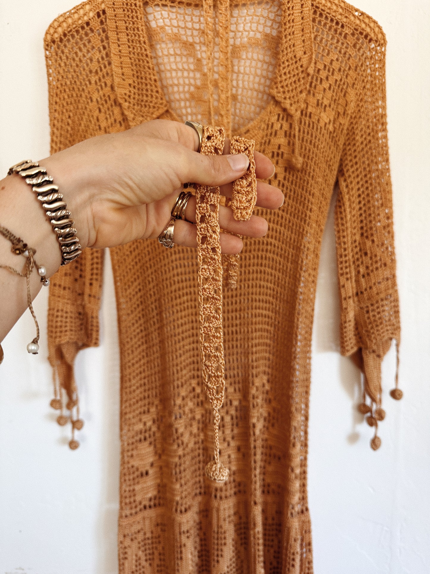1920s Exquisite Caramel Crocheted Dress w/ Pom Poms- XS-S/M
