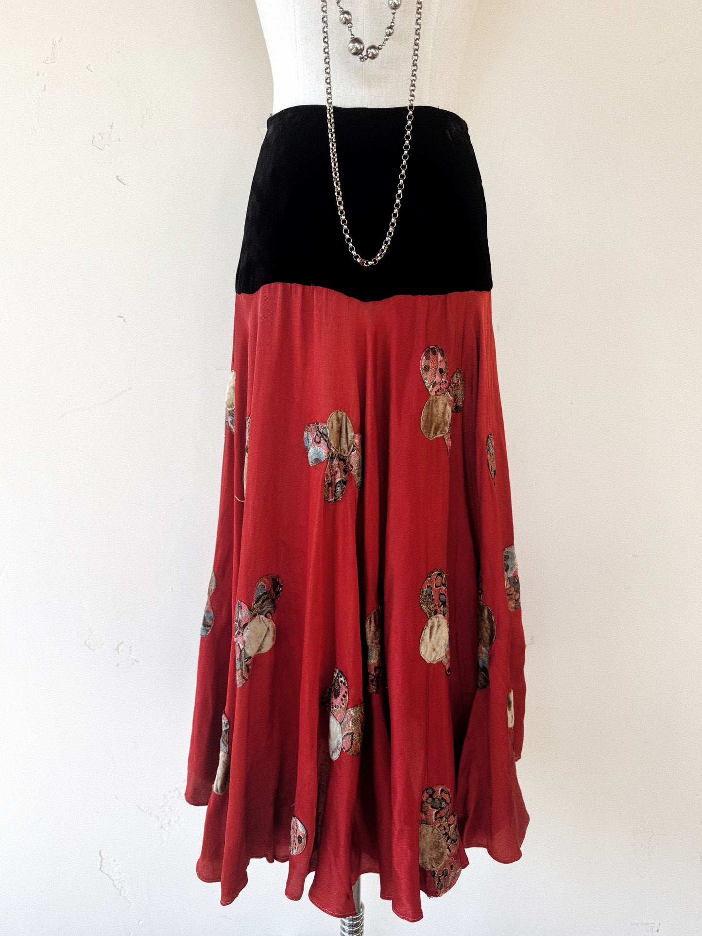1920s/30s Black Velvet Gypsy Skirt w/ Lamé Floral Appliqué- S