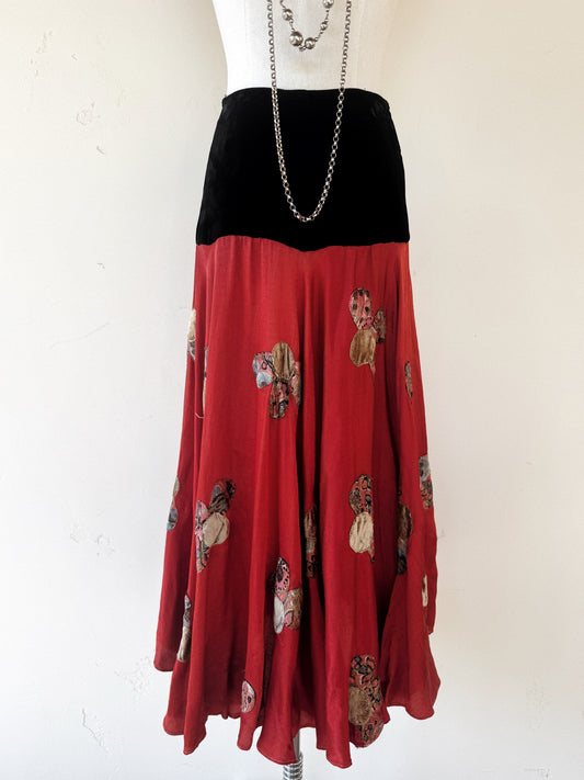 1920s/30s Black Velvet Gypsy Skirt w/ Lamé Floral Appliqué- S