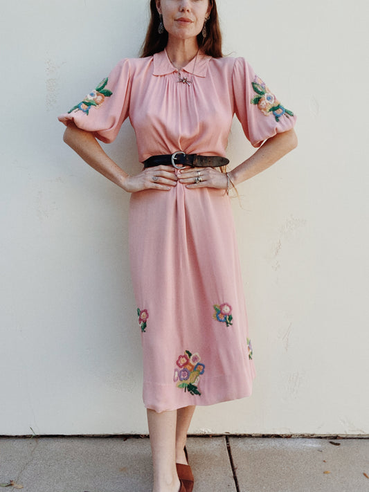 1930s Pink Rayon Crepe Summer Dress w/ Floral Embroidery- M