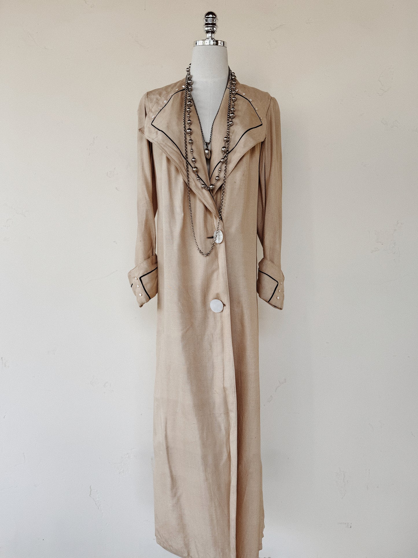 1910s Edwardian Silk Moto Duster w/ Black Cord Trim + Mother of Pearl Buttons- S/M