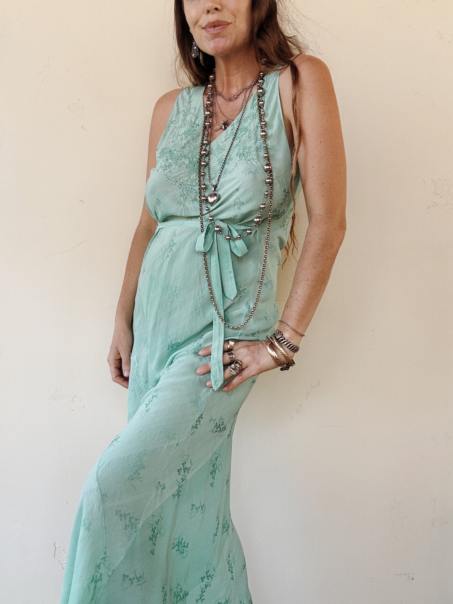 1930s Aquamarine Silk Floral Jacquard Slip Dress- S/M-M