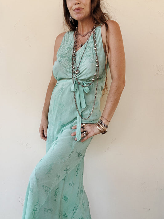 1930s Aquamarine Silk Floral Jacquard Slip Dress- S/M-M