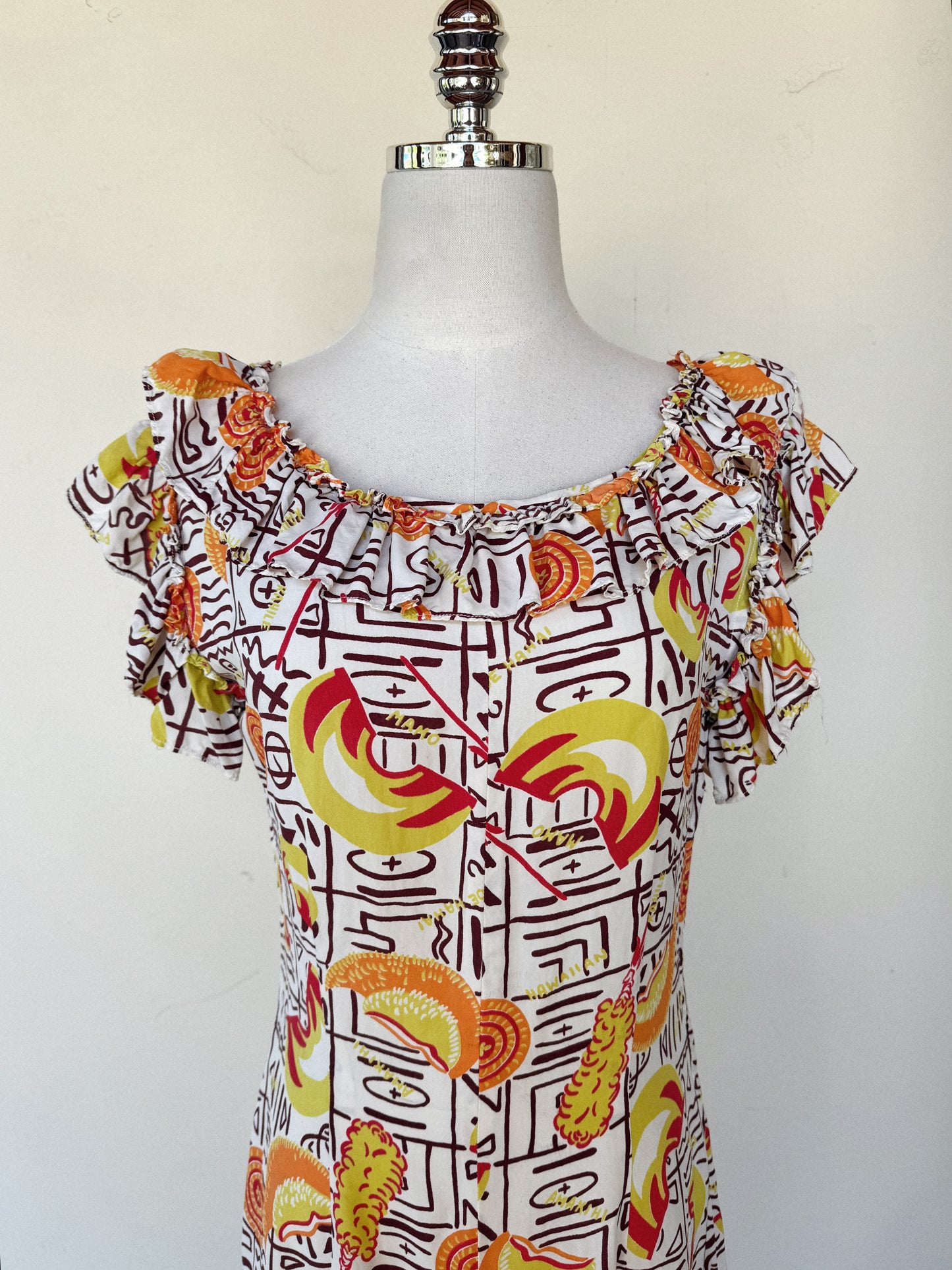 1940s Quirky Chartreuse Hawaiian Holoku Gown w/ Train- S/M