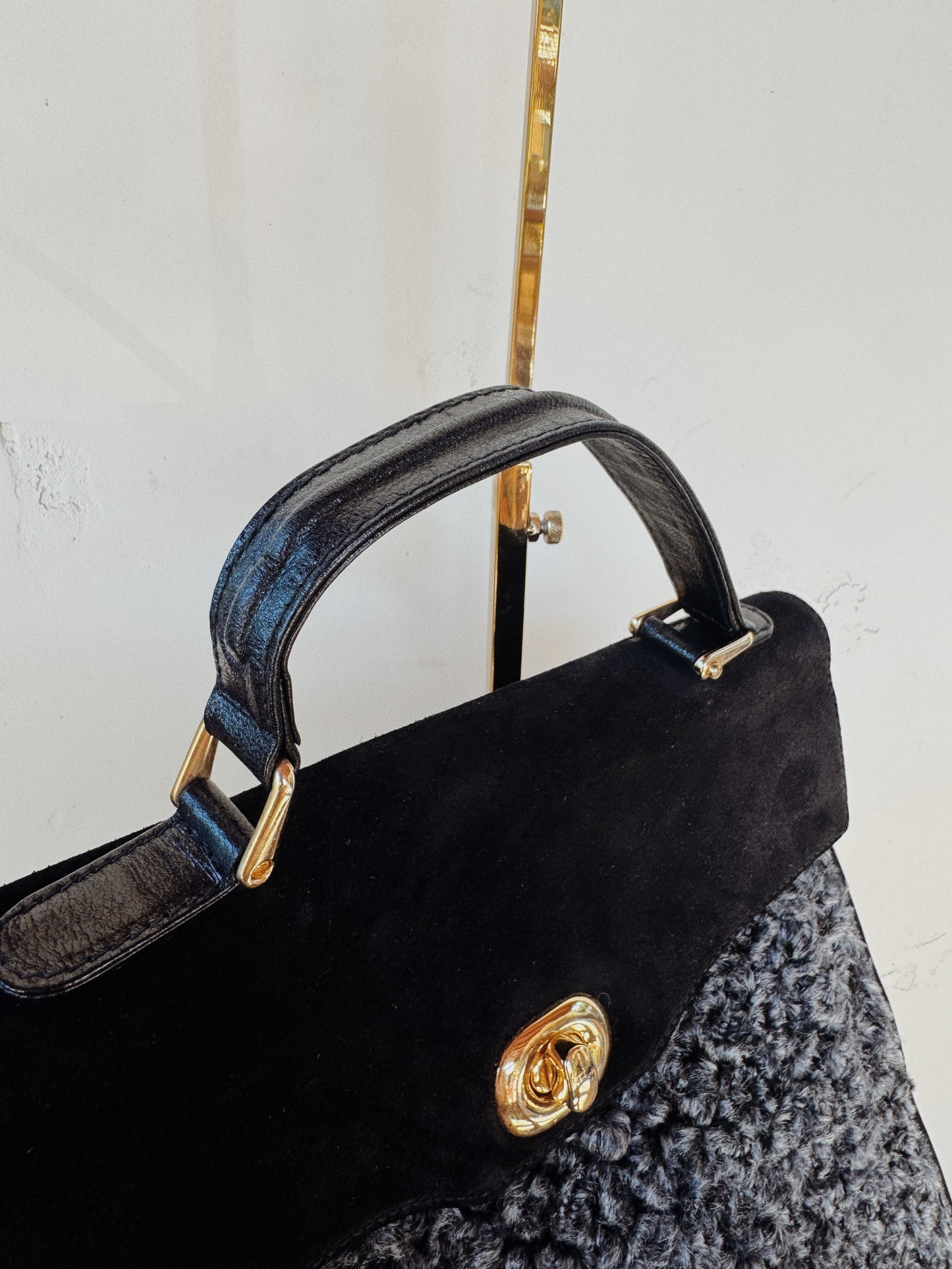 1970s Black Suede + Curly Lamb Jumbo Top Handle Bag