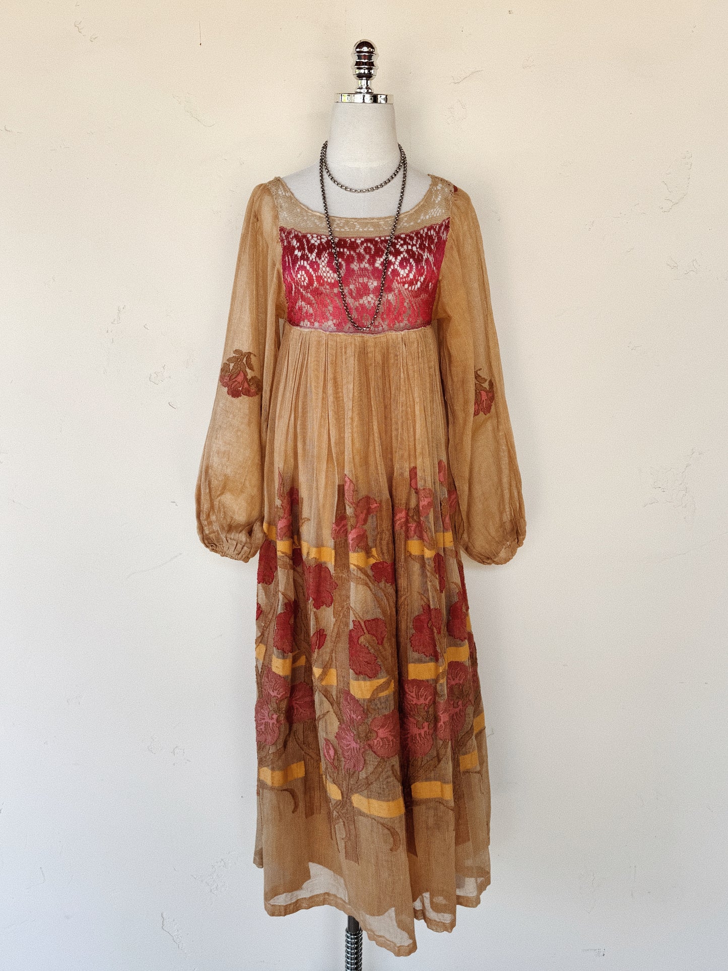 1970s Rare Catherine Buckley Lace + Iris Net Peasant Dress- XS-S