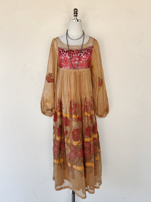 1970s Rare Catherine Buckley Lace + Iris Net Peasant Dress- XS-S