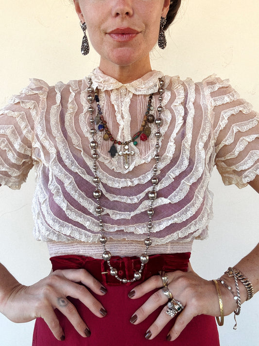 1930s/40s Blossom Pink Net + Lace Babydoll Blouse- S/M