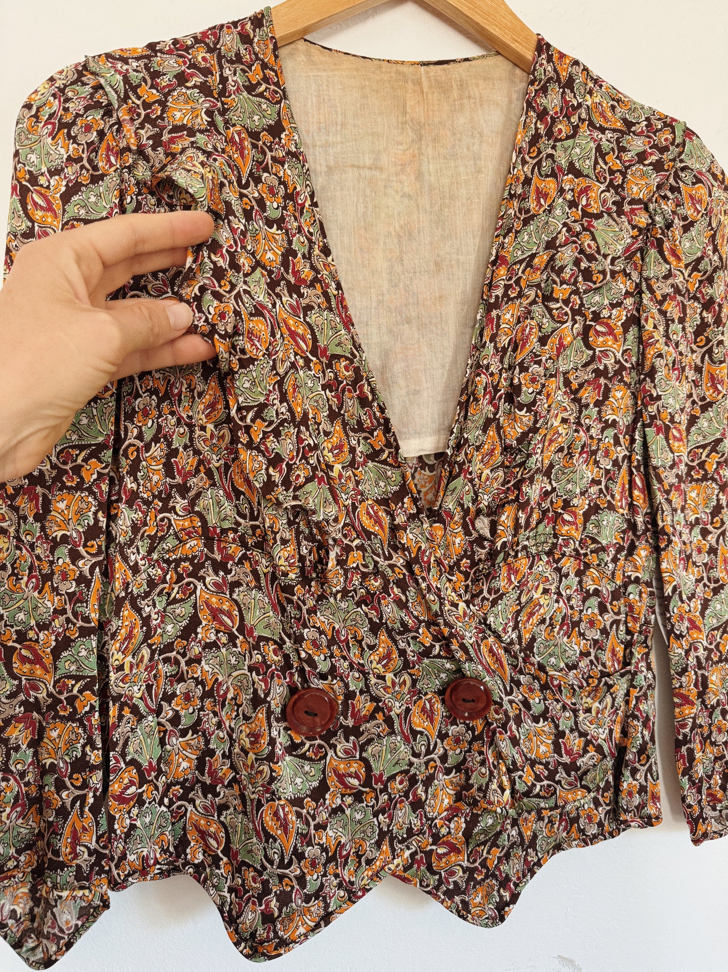 1930s Paisley Rayon Charmeuse Cropped Blouse- S-S/M