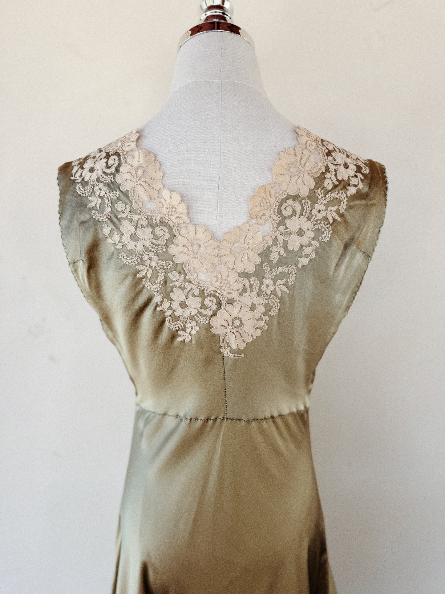 1930s Sage Charmeuse Silk Slip Dress w/ Ecru Lace Trim- S/M
