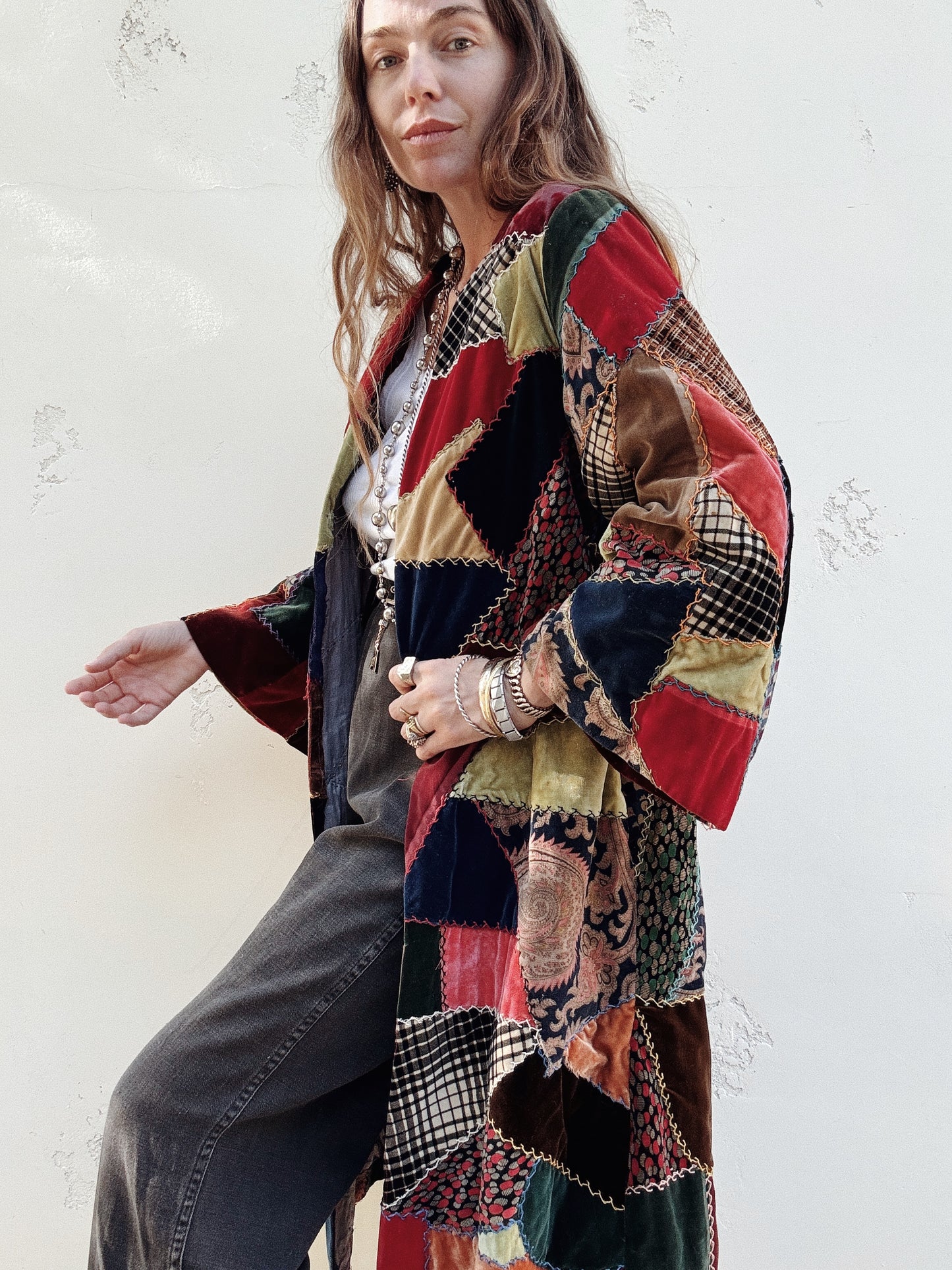 1930s/40s Velvet Crazy Quilt Patched Duster Coat