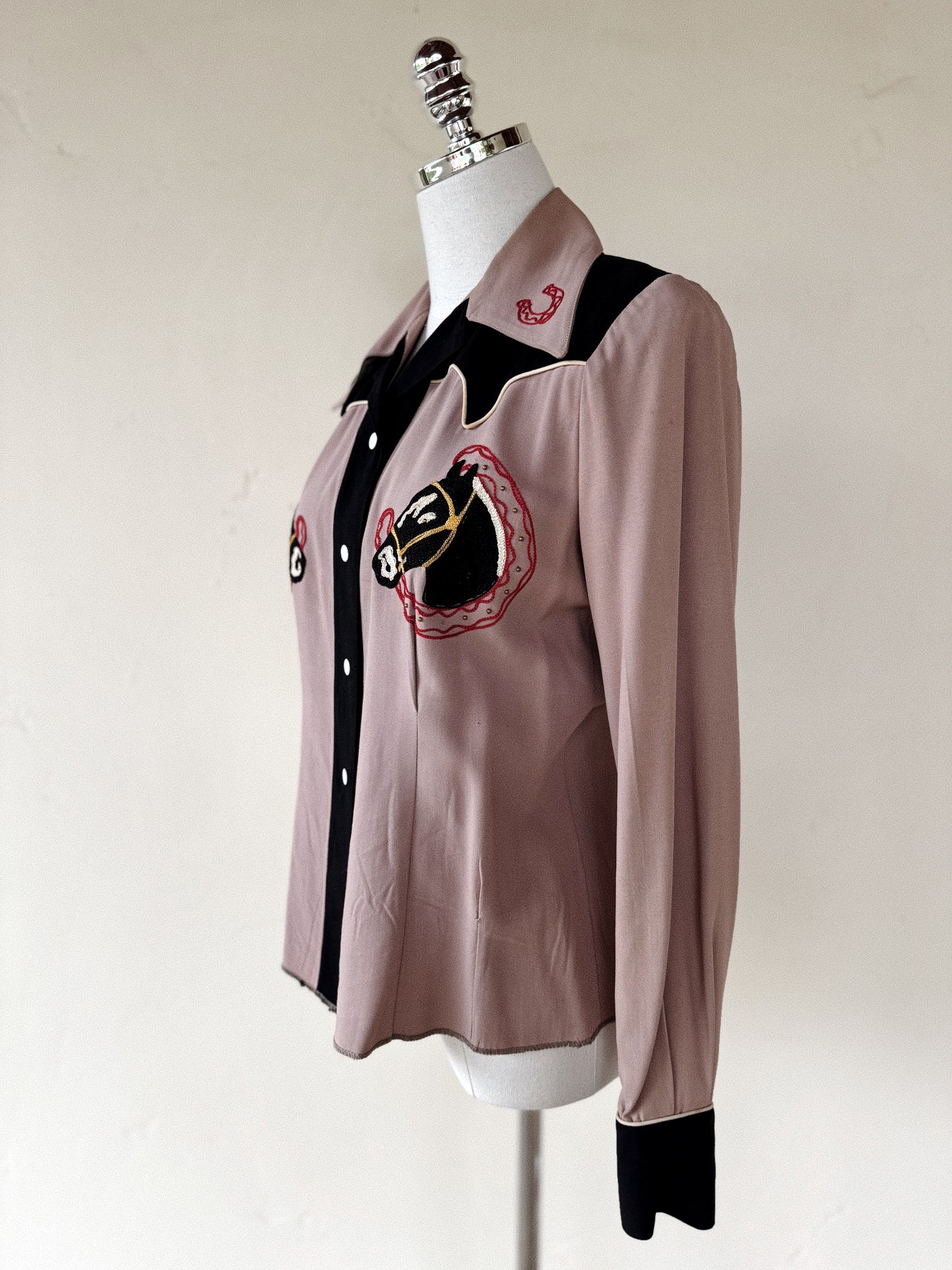 1940s Mauve + Black Horse Chain Stitched + Studded Top- S/M