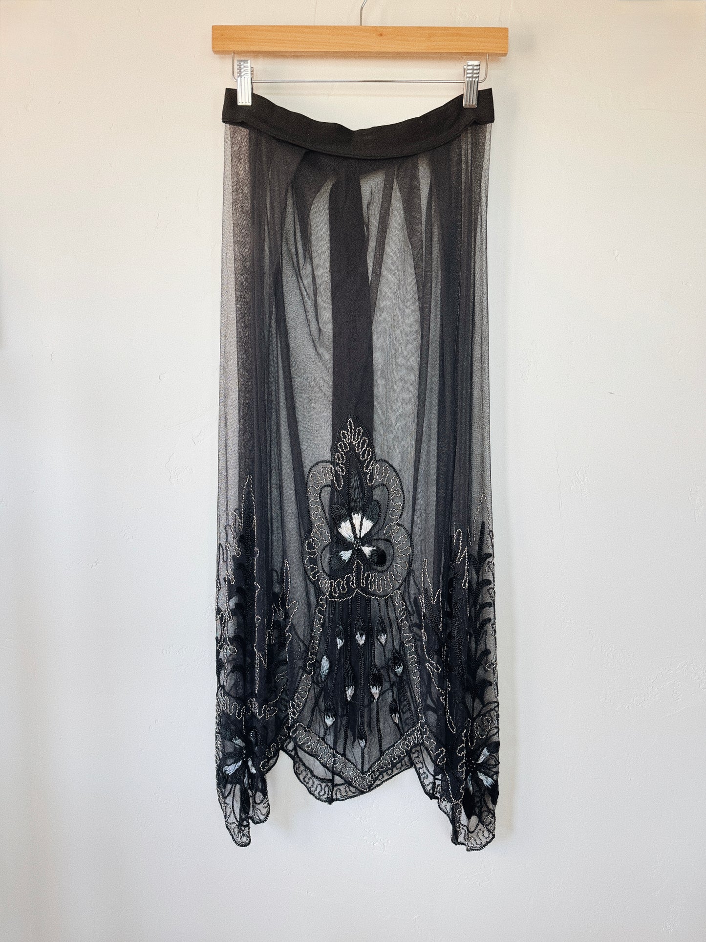 1920s Heavily Beaded Net Petal Fringe Skirt w/ Ombré Silk Embroidery- S/M