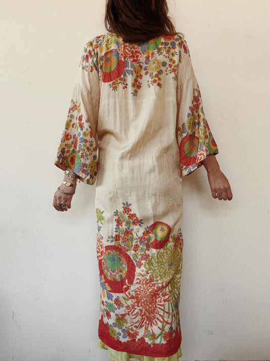 1920s Unique Pongee Silk Chrysanthemum + Lantern Duster- S/M-L