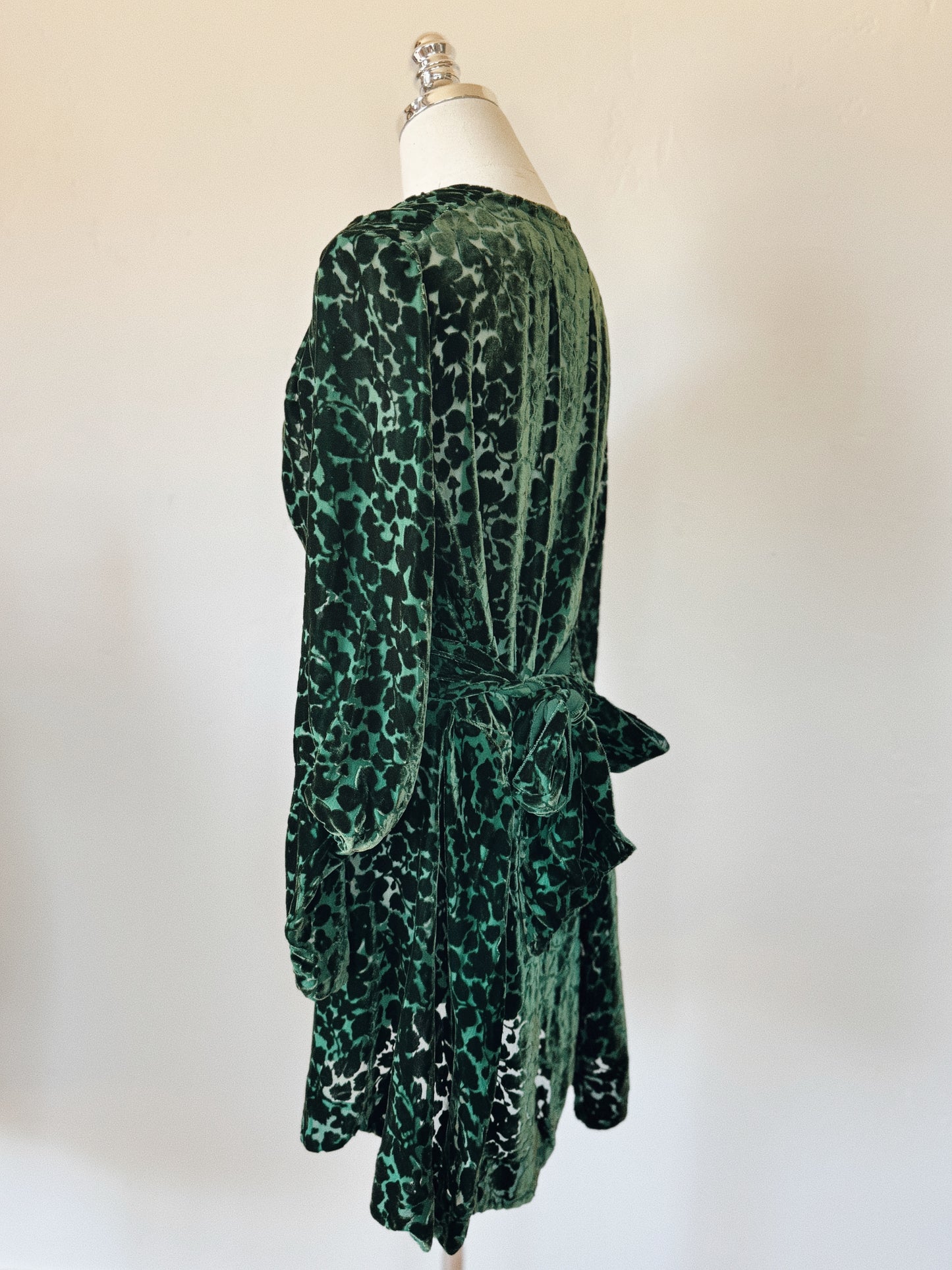 1920s/30s Emerald Devoré Silk Velvet Wrap Top Mini Dress- S/M-M