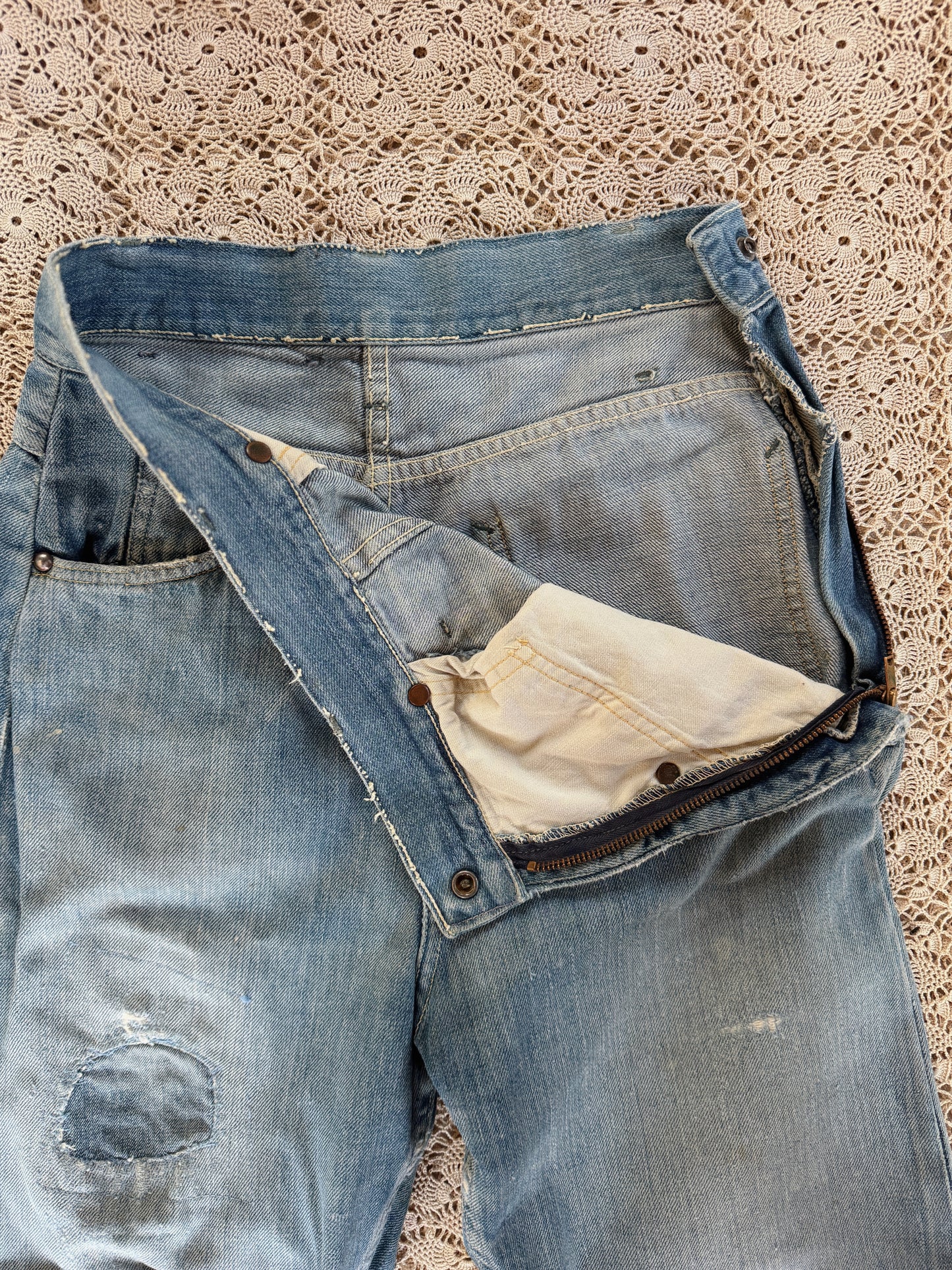 1950s Distressed + Repaired Riveted Selvedge Foremost Denim Side Zips- S