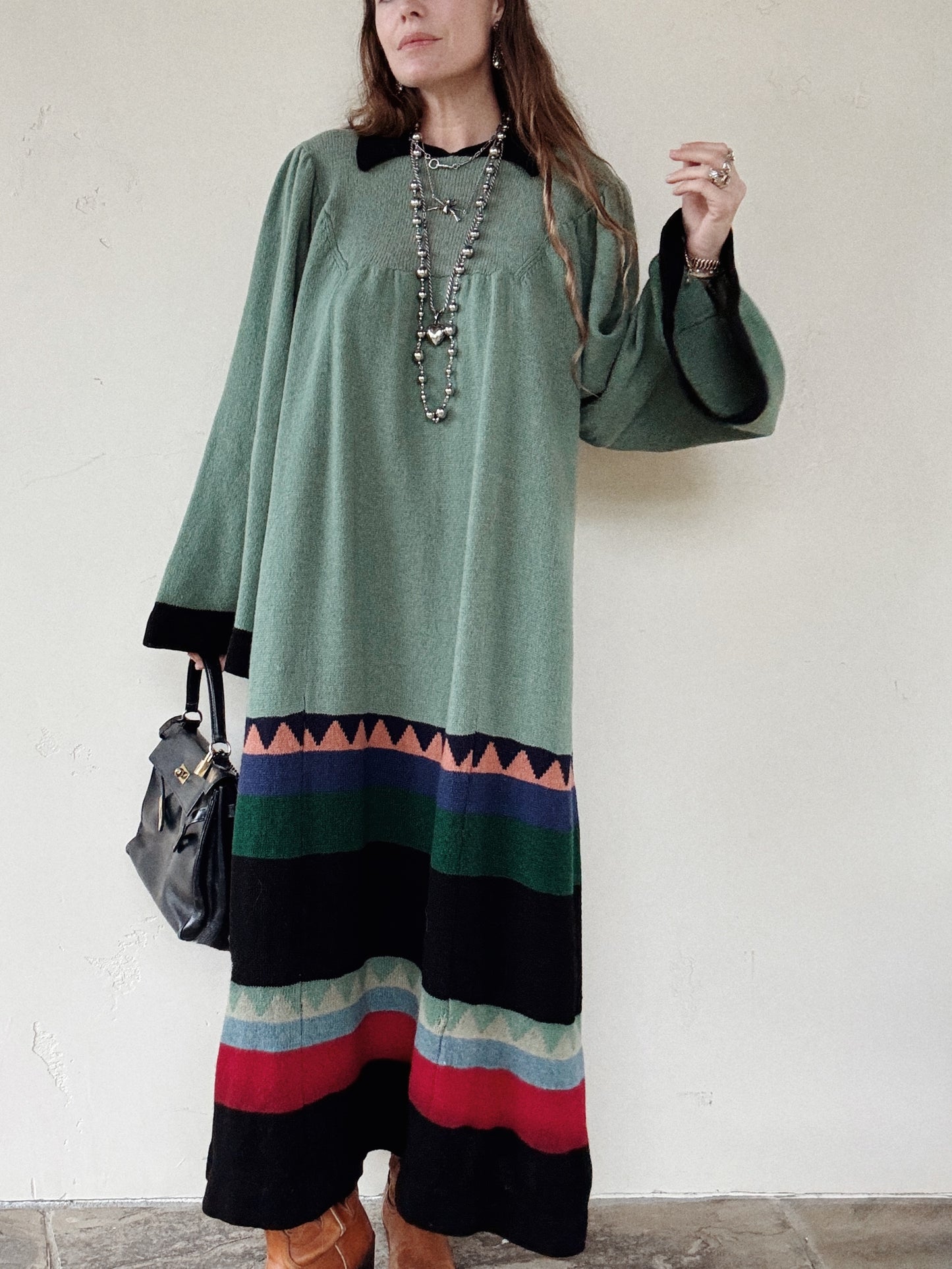1974 Rare Alice Pollock Documented Knit Kaftan Dress w/ Bell Sleeves- M