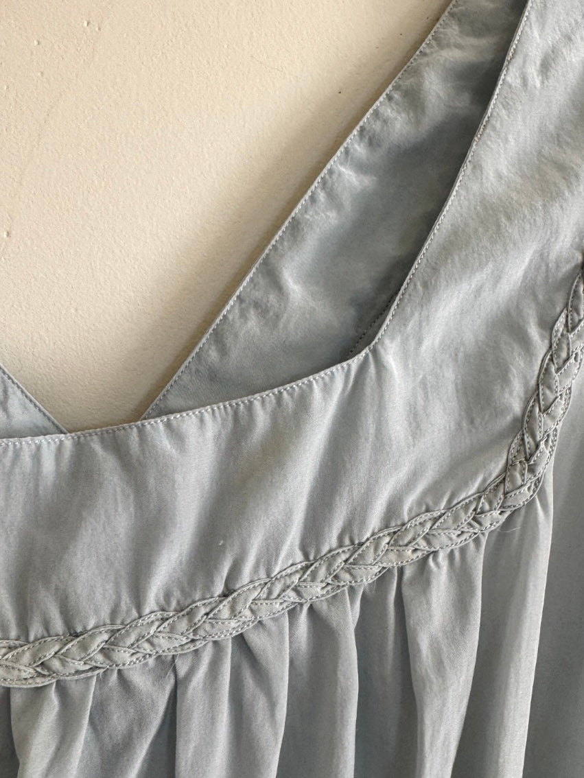 1940s Icy Blue Silk Crepe Slip w/ Braided Trim + Sash- S/M-M
