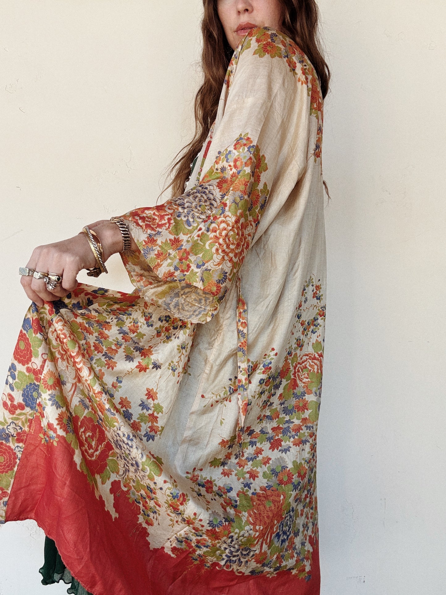 1920s Unique Chartreuse + Orange Pongee Silk Duster Robe