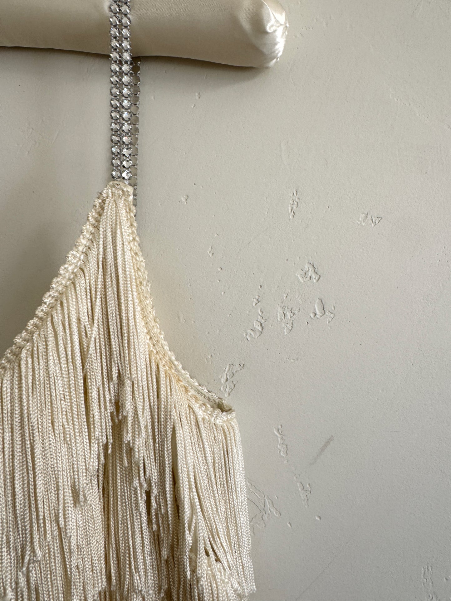 1950s White Tiered Fringe Hourglass Evening Gown- S