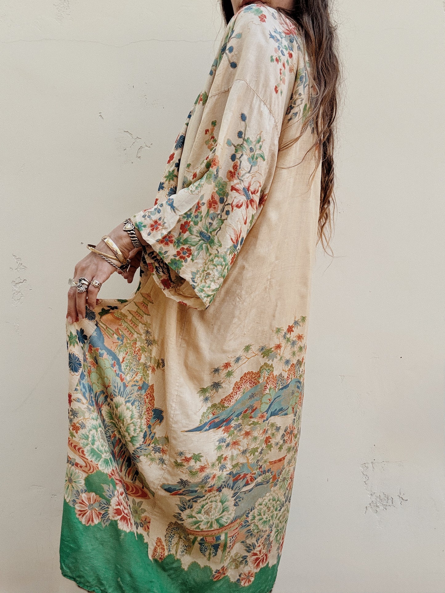 1920s Green Printed Pongee Silk Duster Robe