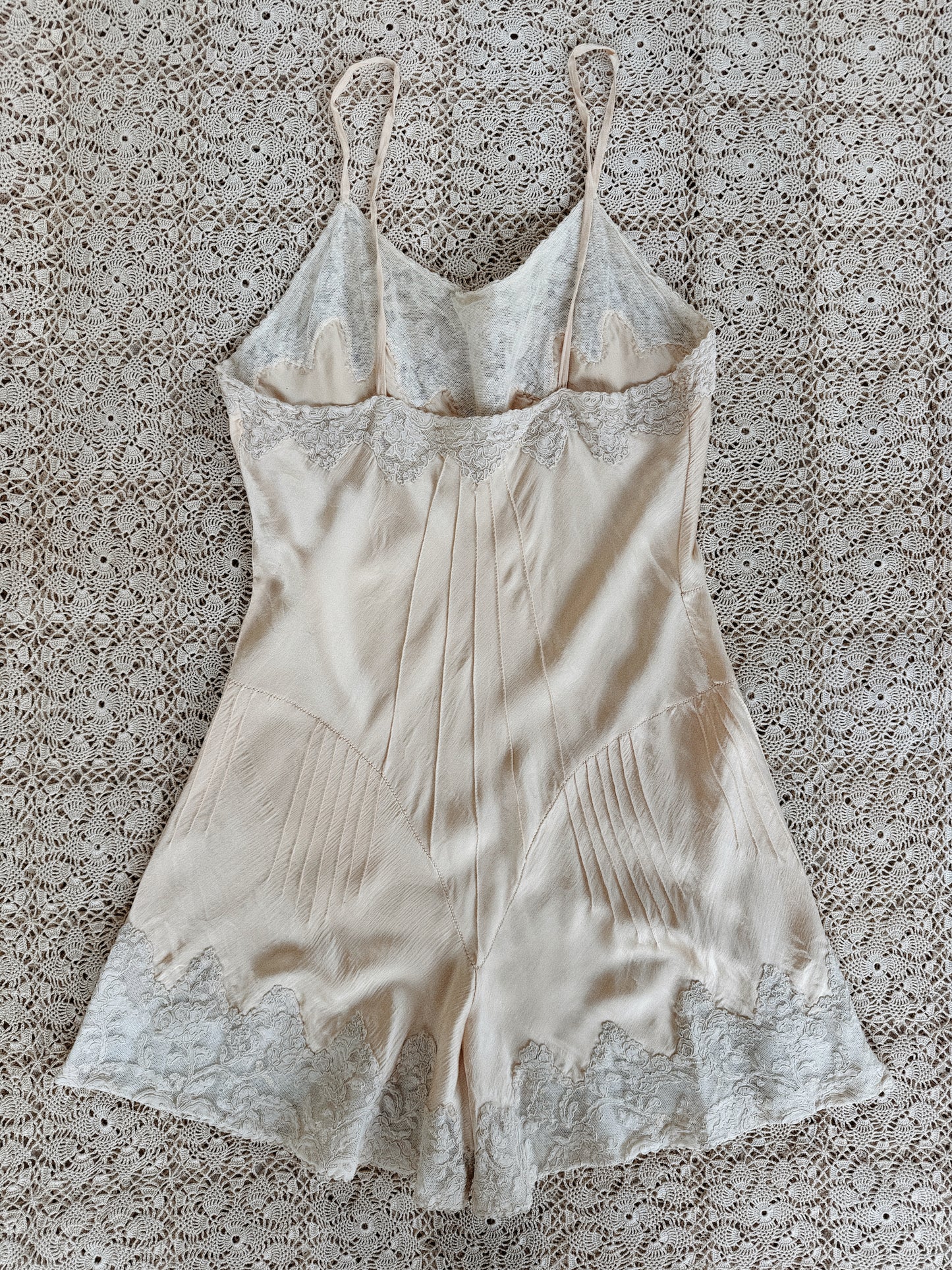 1930s Ivory Charmeuse Silk + French Lace Hand Sewn Step In- XS-S