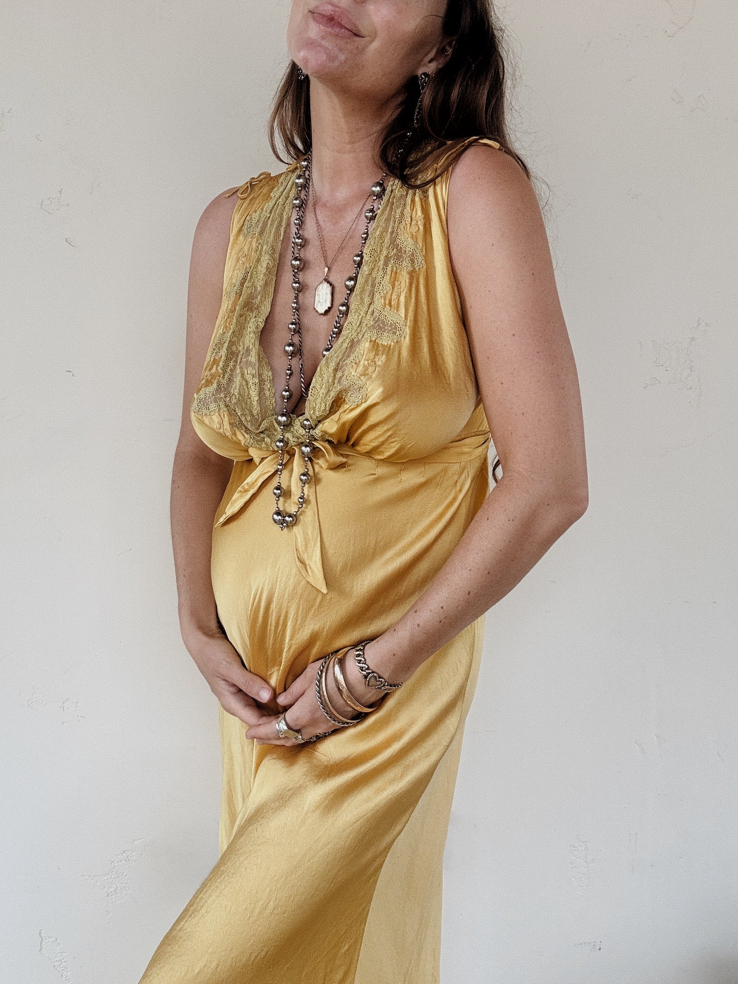 1930s Golden Saffron Silk Clover Embroidered Slip Dress- S-S/M