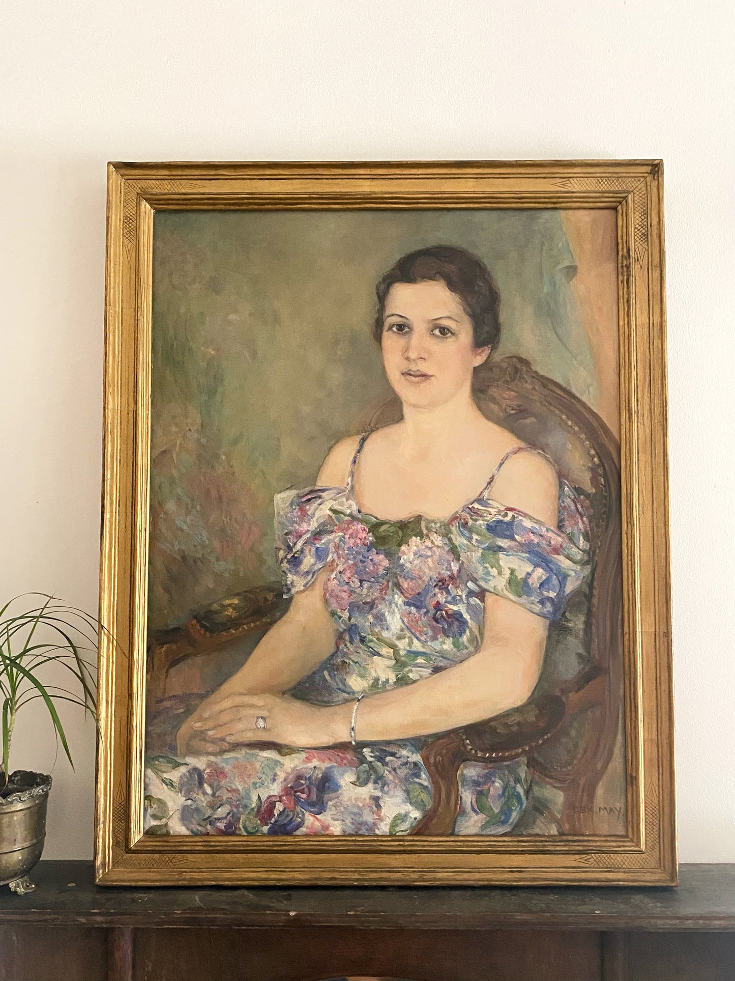 1930s Large Sage + Violet Portrait of a Woman in Gilt Frame- 29 x 37”