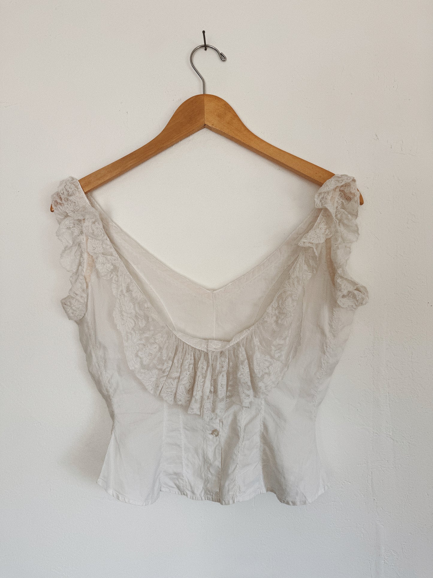 Antique Pure White Cotton + Ruffled Lace Corset Cover- S