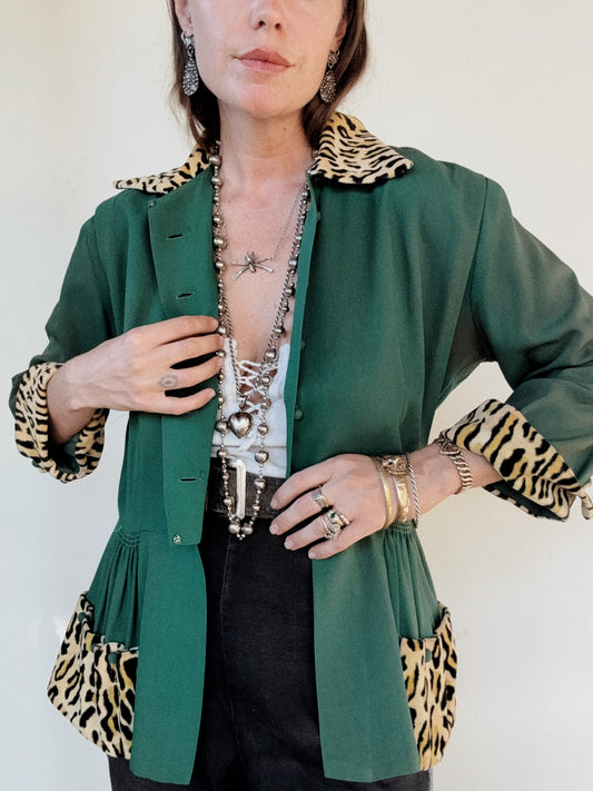 1940s Emerald Rayon + Leopard Jacket w/ Peplum- M