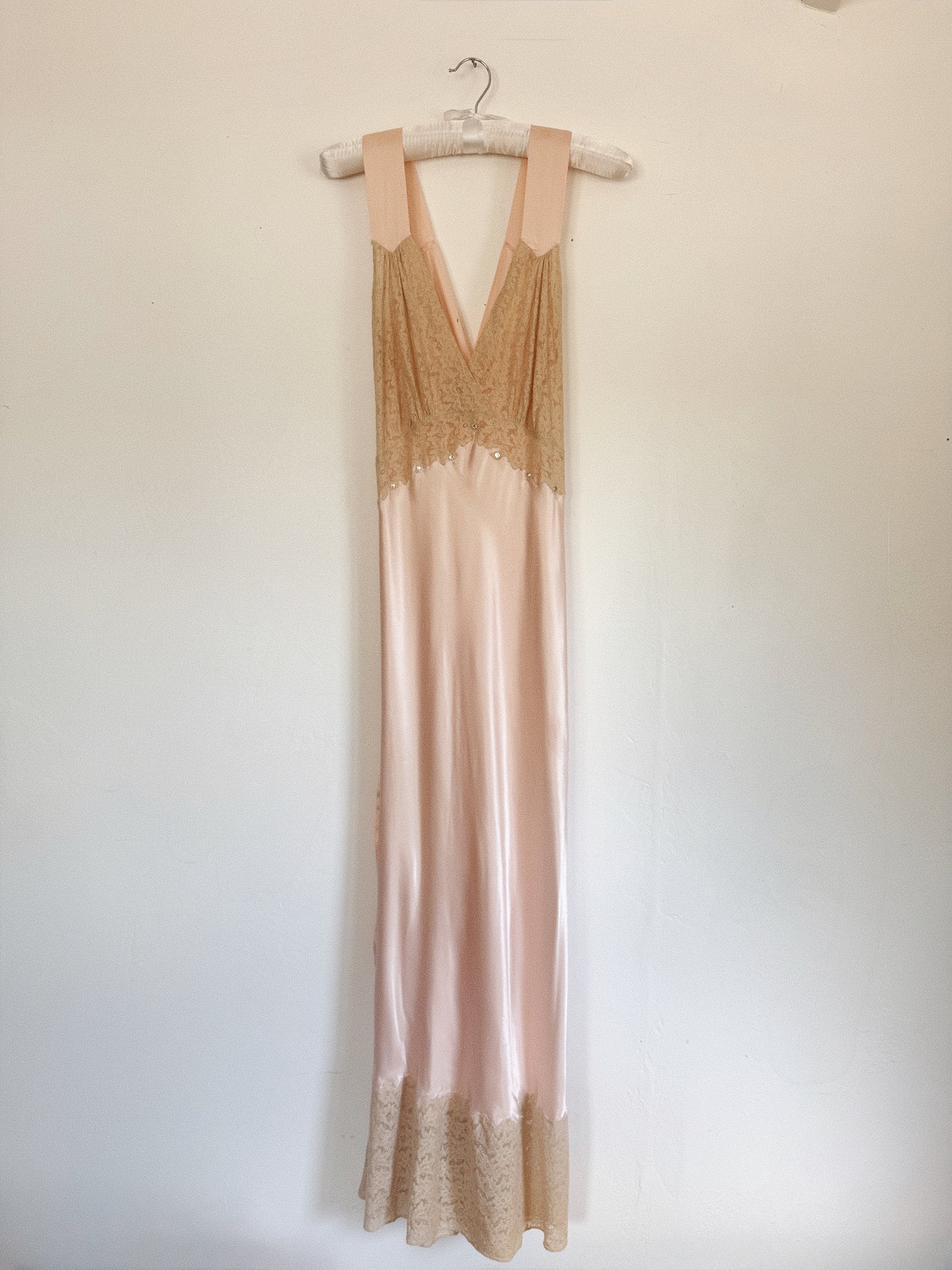 1930s/40s Pale Pink Liquid Satin + Lace Gown w/ Rhinestones- S/M