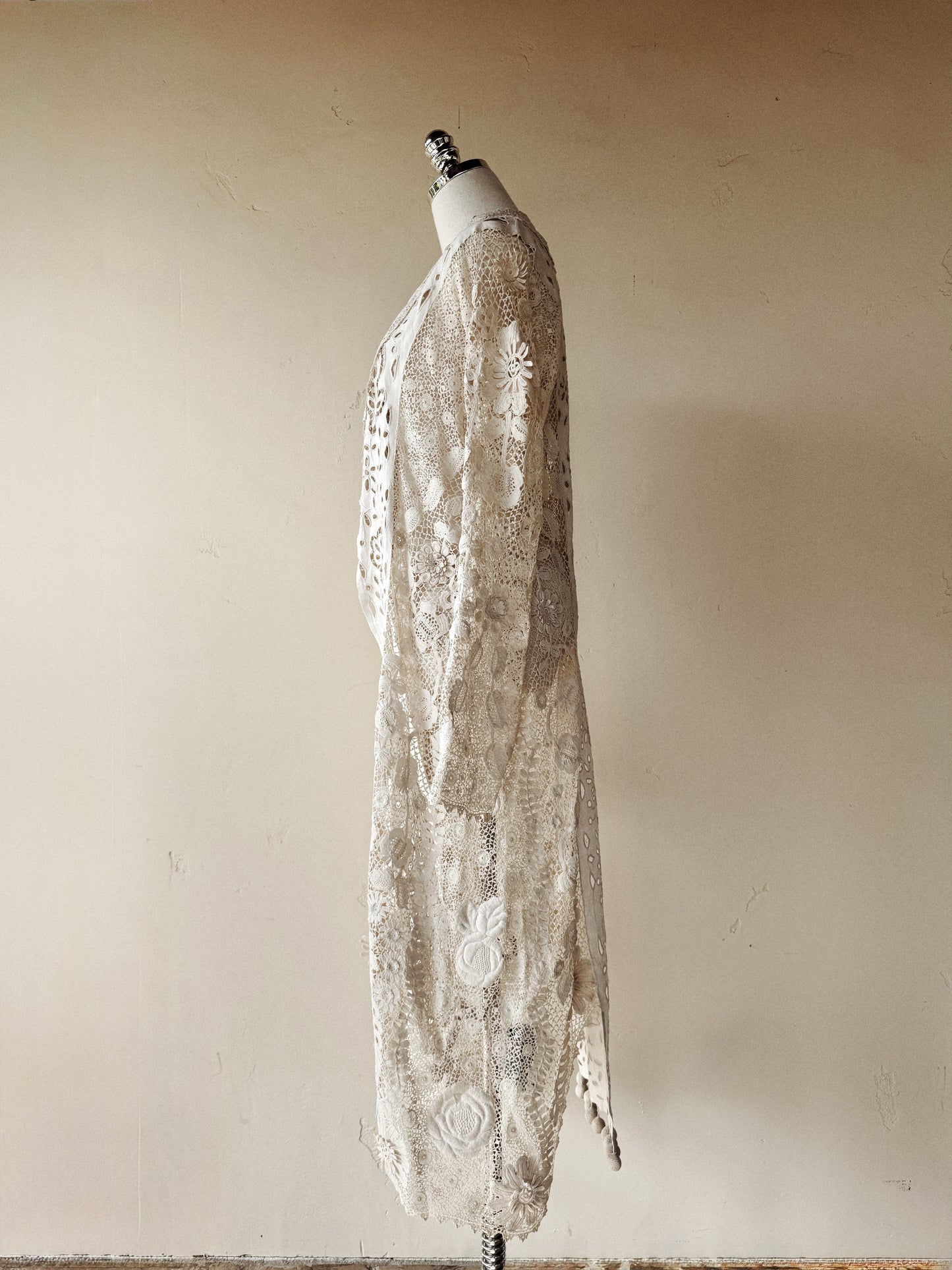 Rare Edwardian Irish Crochet Duster Coat w/ Pom Poms- M