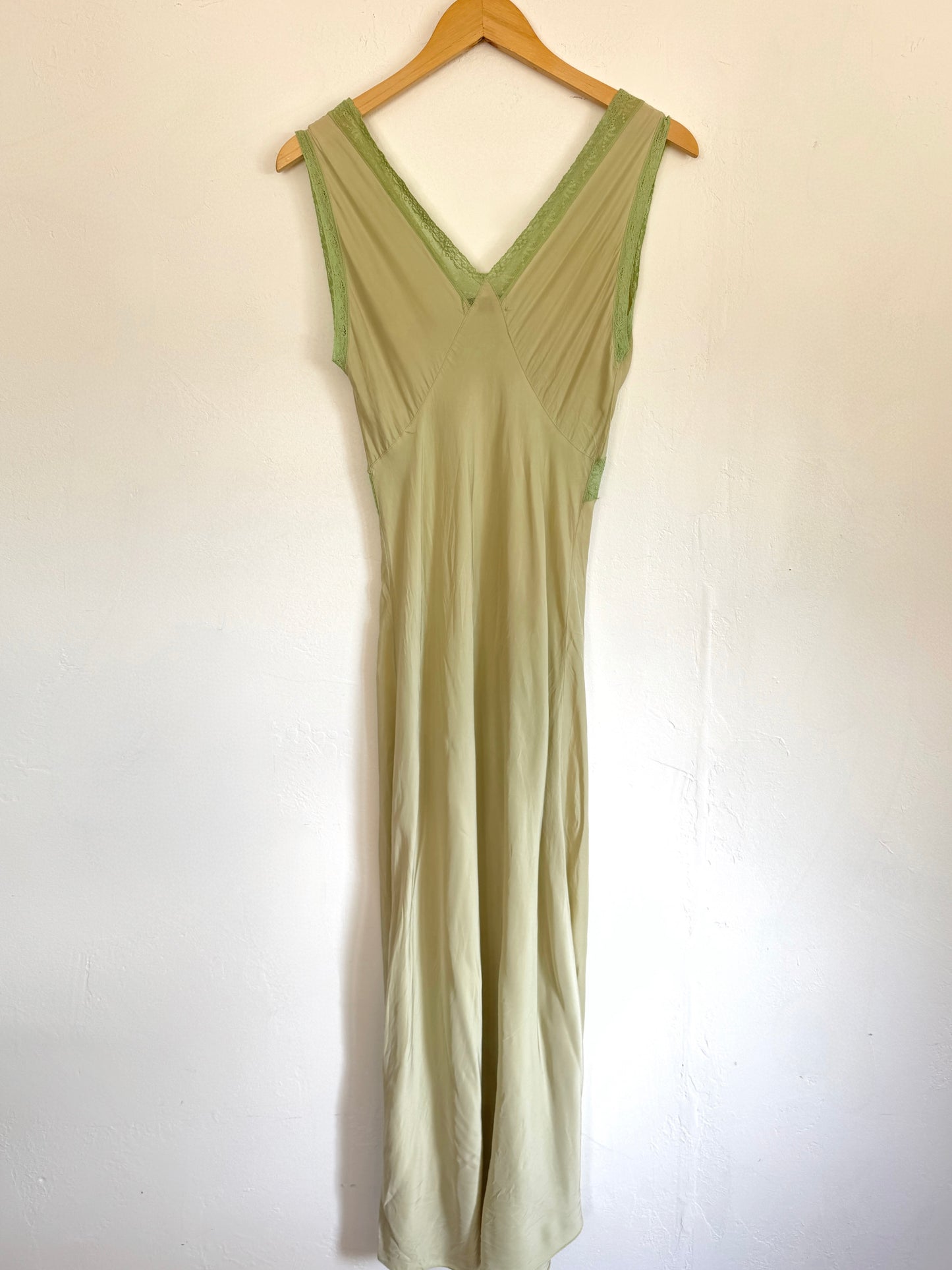 1940s Honeydew Rayon + Lace Bias Cut Slip Dress- S