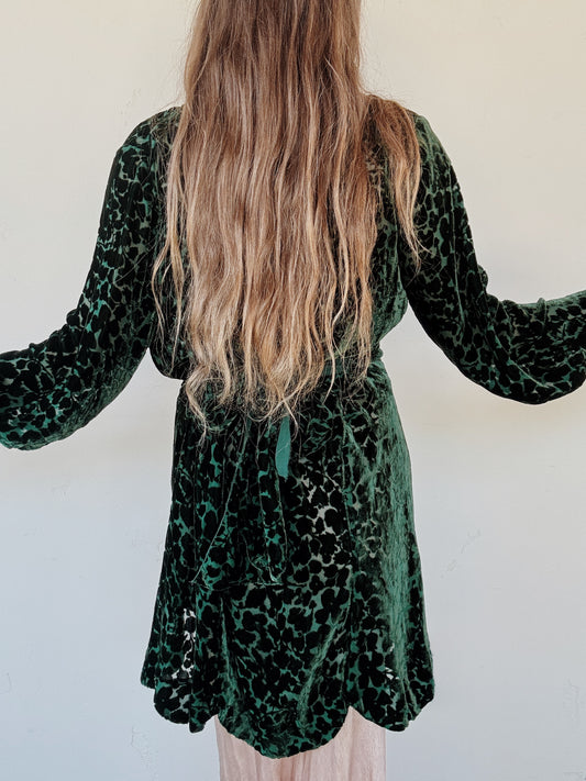 1920s/30s Emerald Devoré Silk Velvet Wrap Top Mini Dress- S/M-M