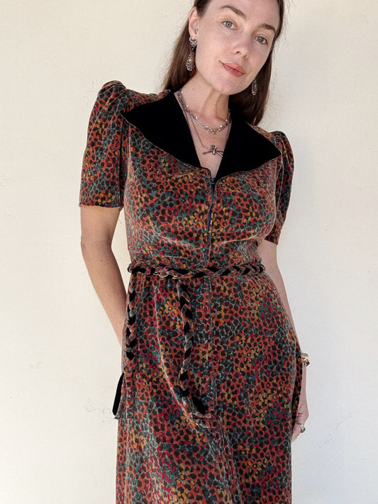 1930s/40s Deco Velvet Speckle Hostess Gown w/ Braided Belt- S/M