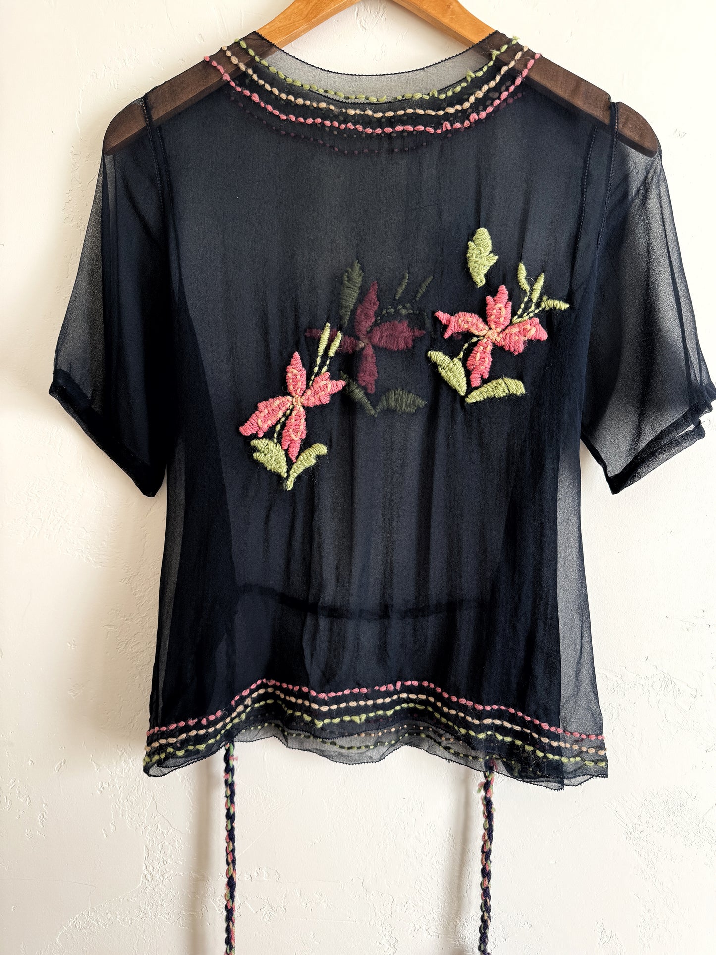 1920s Black Chiffon Top W/ Floral Embroidery- S
