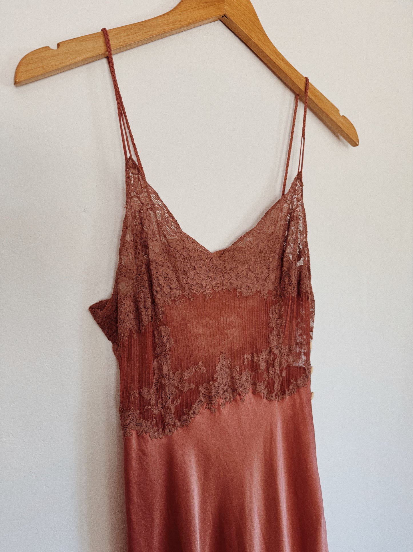 1930s Brown Silk + Lace Slip Dress w/ Braided Straps- XS/S