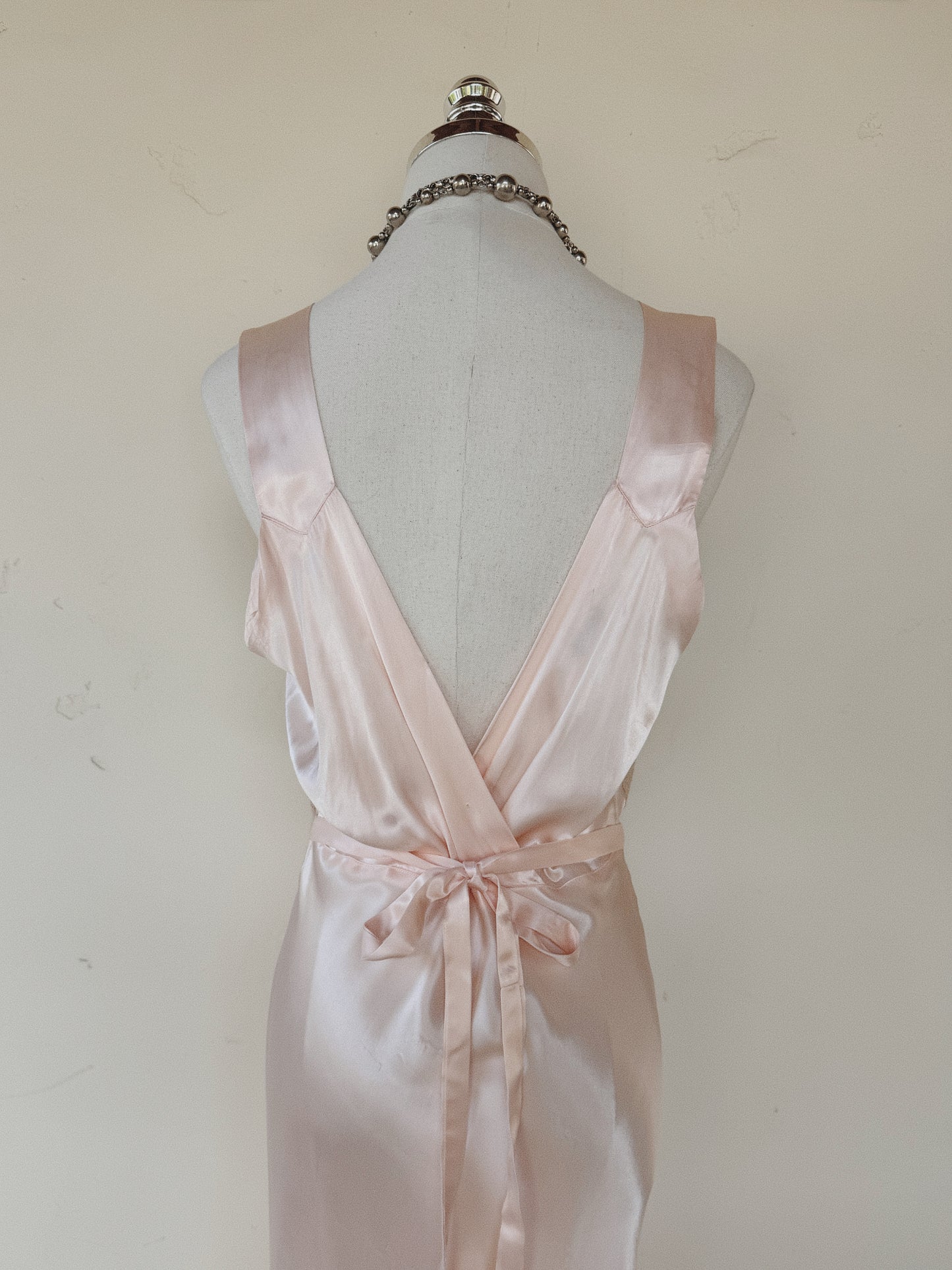 1930s/40s Pale Pink Liquid Satin + Lace Gown w/ Rhinestones- S/M