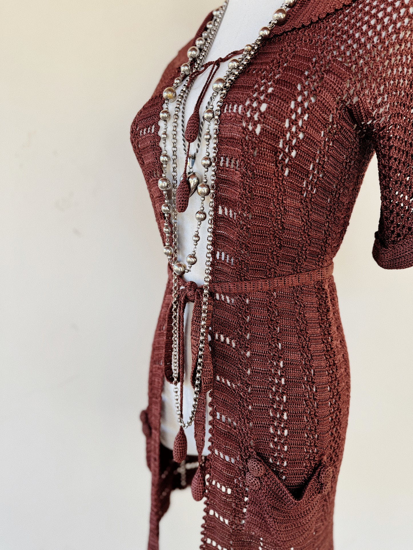 1920s Espresso Silk Crocheted Cardigan w/ Pom Poms- XS-S
