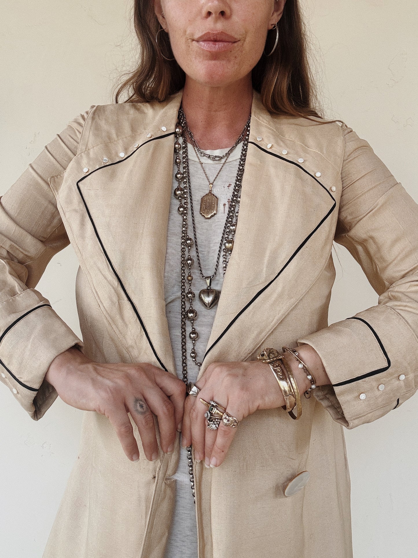 1910s Edwardian Silk Moto Duster w/ Black Cord Trim + Mother of Pearl Buttons- S/M