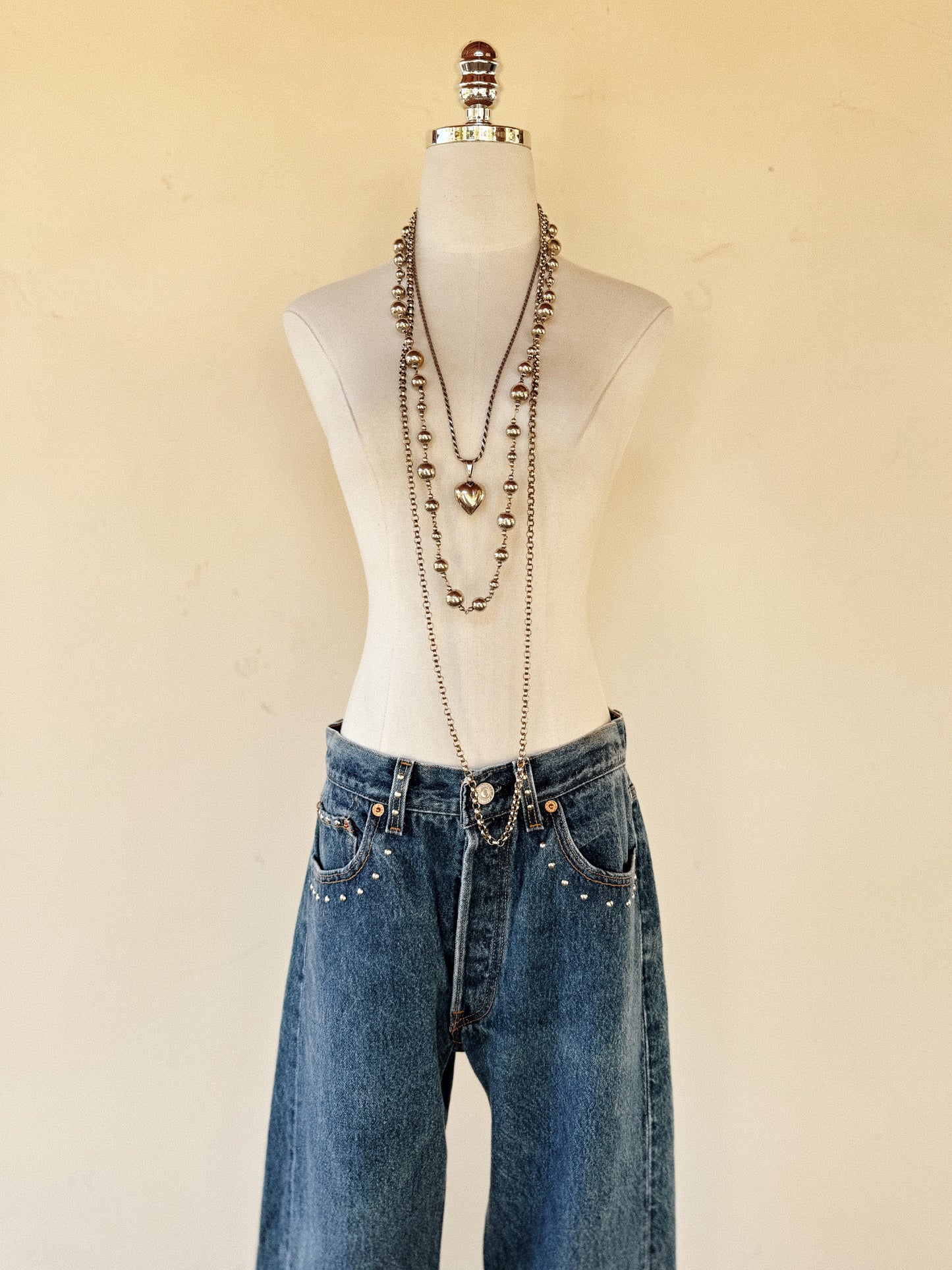 1990s Vintage Medium Wash Studded Levi’s 501s- 32” Waist
