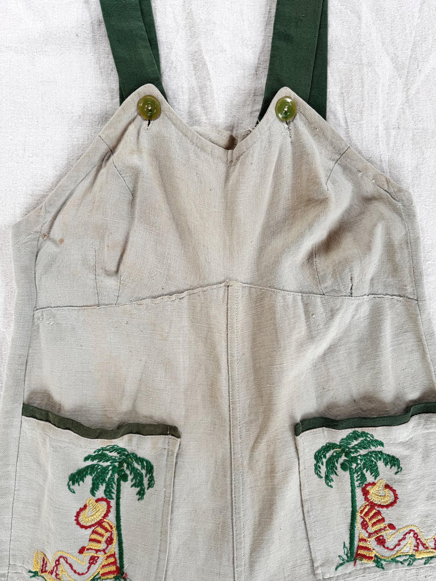 1930s Mint Green Linen Embroidered Vacation Overalls- S/M